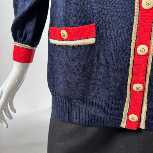 St. John Collection By Marie Gray Navy Cardigan With Red & Gold Trim S - Picture 14 of 16